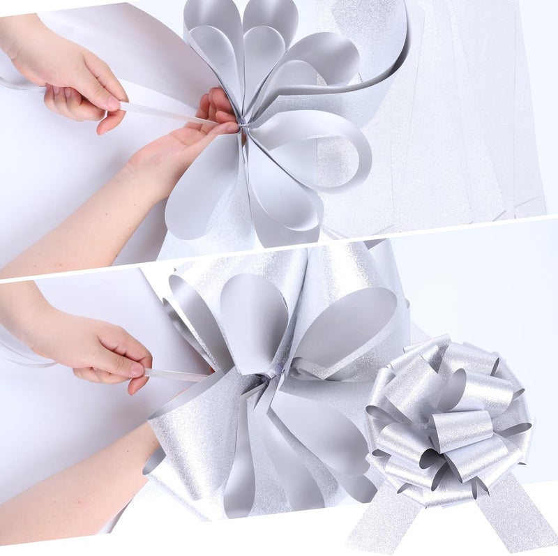 HCHENBOW 12" Large Pull Bows,2pcs Car Bows for Gift Wrapping, Christmas Party Birthday Gift Wedding Ribbon Bows for Bikes, Boxes or Flower Decorations, Valentine's Day Gift Decorations (Silver) - Image 4